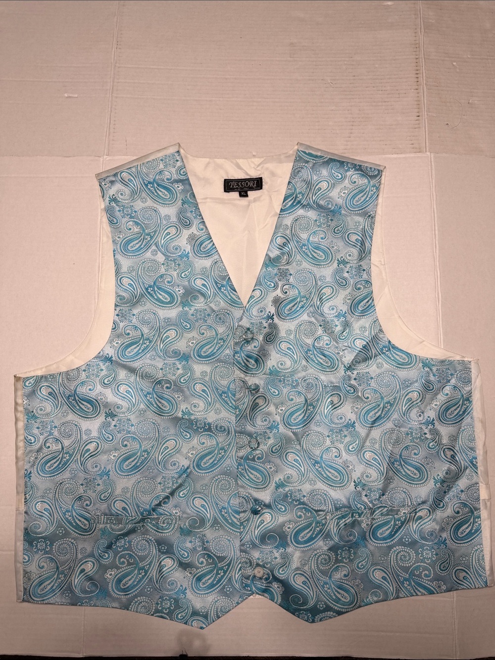 Tesori White Lined Vest with Teal Paisley Edge